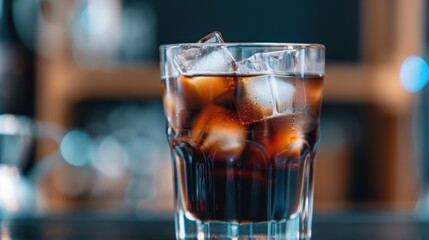 Beautiful photo of an iced espresso in a clear glass, showcasing its rich dark color and ice cubes