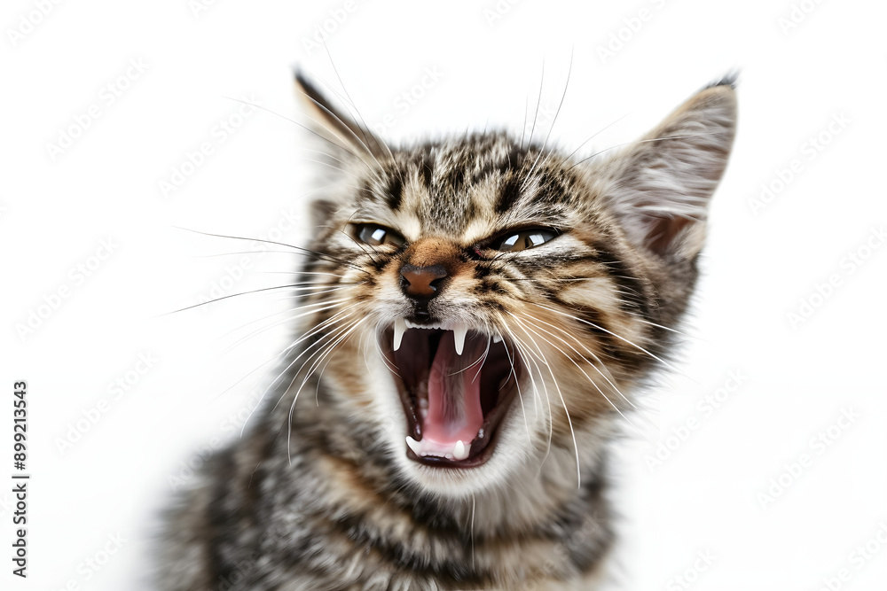 Sticker angry cat with open mouth showing its teeth isolated in white background. rabies in animals