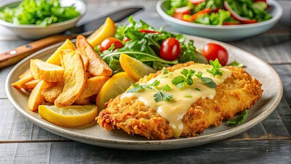 Parmesan crusted chicken topped with melted cheese, accompanied by crispy chips and fresh salad , parmesan chicken