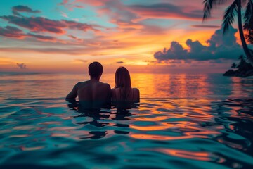 Honeymooners on the Beach at Sunset: Romantic Couple Relaxing by the Hotel Pool at a Luxury Resort