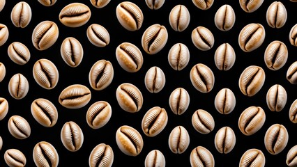 Seamless pattern with cowrie shells on black background , cowrie shells, pattern, seamless, black background, ocean, marine, sea