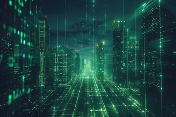 Green cityscape made of glowing digital code representing the technological future. Dark and blurry background highlights the lights from pixelated buildings, symbolizing advanced technology