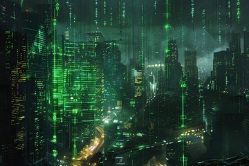 Green cityscape made of glowing digital code representing the technological future. Dark and blurry background highlights the lights from pixelated buildings, symbolizing advanced technology