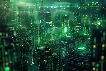 Green cityscape made of glowing digital code representing the technological future. Dark and blurry background highlights the lights from pixelated buildings, symbolizing advanced technology