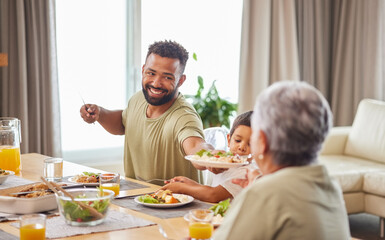 Happy family, lunch and eating food in home together for holiday celebration, bonding and sharing a meal. People, parents or grandparents with kid in dining room for dinner, social gathering and love