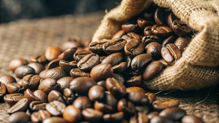 Closeup of coffee beans on dark background with selective focus