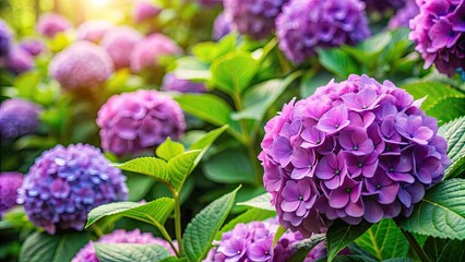Fototapeta premium Purple hydrangea flowers with green leaves in a garden, hydrangea, purple, flowers, leaves, garden, plant, nature, flora