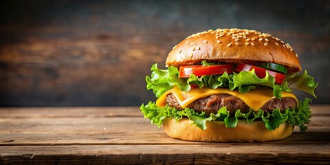 Juicy hamburger with melted cheese, fresh lettuce, and ripe tomato on a toasted bun, delicious, burger, fast food
