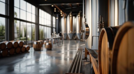 Realistic photograph of the craft beer production process in a brewery with stainless steel fermentation tanks and wooden barrels
