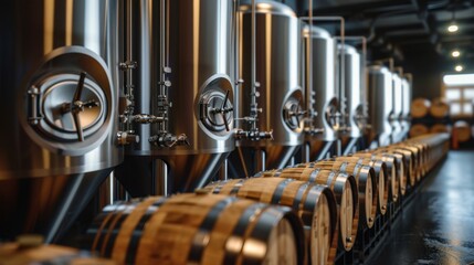 Realistic photograph of the craft beer production process in a brewery with stainless steel fermentation tanks and wooden barrels