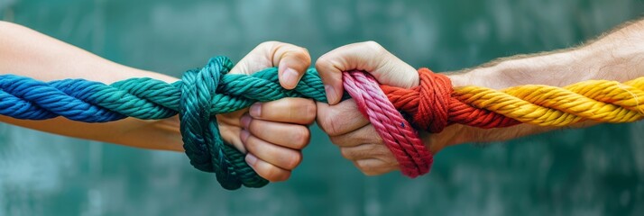 Intertwined Hands Holding a Colorful Rope