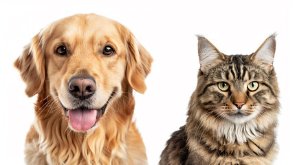 Obraz premium A golden retriever and a tabby cat side by side against a white background, showcasing a harmonious pet friendship.