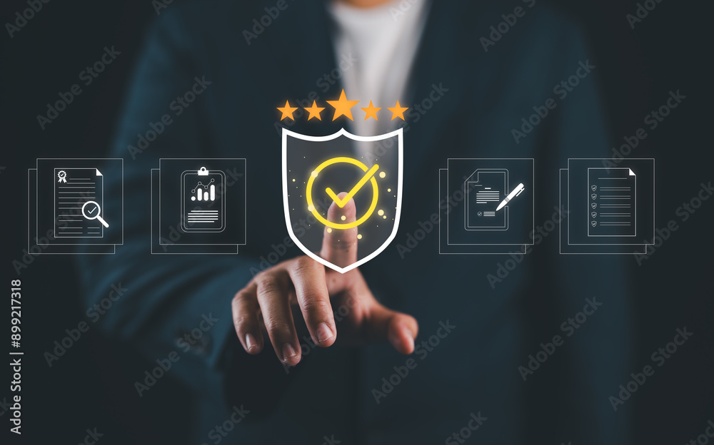 Poster businessman touching standard quality control certification assurance guarantee for automation proce