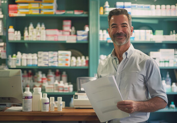 a happy middle aged male pharmacy manager wearing a white coat, standing in his store holding a small piece of paper with a smile on his face and looking at the camera