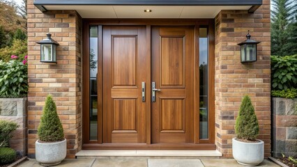 Modern brown wooden double front door with a secure entrance in a stylish cottage setting, brown, wooden, door, modern, double