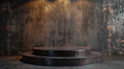 Quiet Luxury: Elegant Empty Round Podium in Dark Brown Old Wood - Sophisticated Minimalist Design with Symmetry Composition and Artistic Lighting