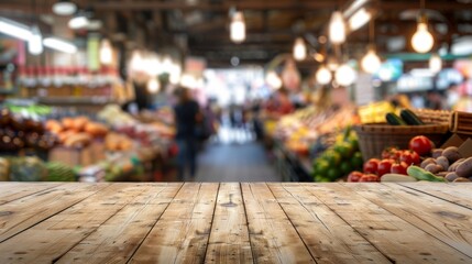 Fototapeta premium Wooden Tabletop with Blurred Market Background