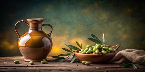 Timeless art of olive oil production captured in a clay jug, Mediterranean, tradition, culinary, excellence