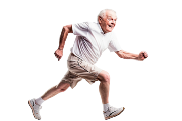 Happy smiling old man running or jogging, living an active life isolated in a transparent background. Cut out or PNG.