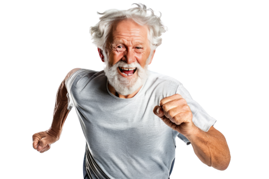 Happy smiling old man running or jogging, living an active life isolated in a transparent background. Cut out or PNG. - Powered by Adobe