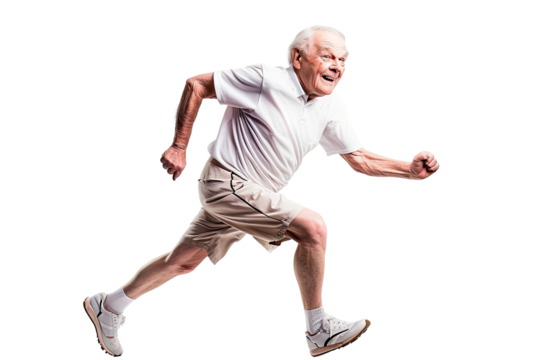 Happy smiling old man running or jogging, living an active life isolated in a transparent background. Cut out or PNG.