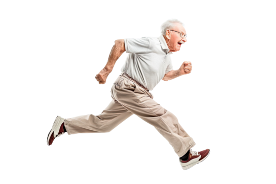 Happy smiling old man running or jogging, living an active life isolated in a transparent background. Cut out or PNG.