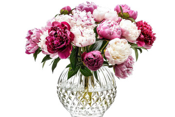 A Bouquet of Pink and White Peonies in a Crystal Vase Against a White Background