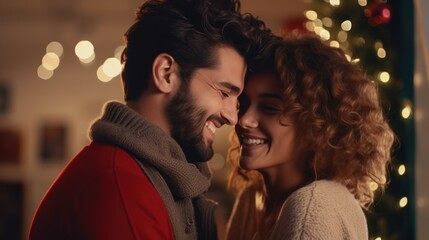 Loving couple celebrating Christmas at home. Man and woman in a seasonal winter interior. The concept of holidays.
