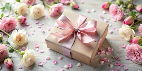 Mother's Day gift box with satin ribbon and tag, surrounded by delicate flowers and petals , Mother's Day, gift, box, satin ribbon