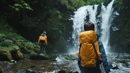 Obraz premium Adventure of a family on a hiking trip discovering a hidden waterfall