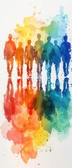 Obraz premium Watercolor silhouettes of people in multicolored spectrum, white background, vibrant and diverse, generative AI,
