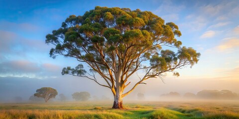 Mysterious tall gum tree in morning fog in South Australia, mystery, strong, tall, gum tree, morning fog, misty