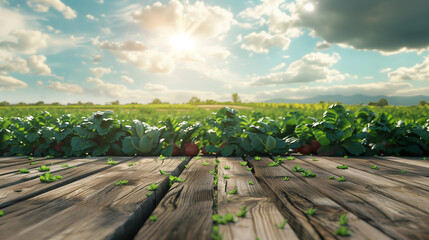 Naklejka premium Minimalist Wooden Podest Stage with Vegetables Fields Background in Hyperrealism - Modern Sunlit 8K Design
