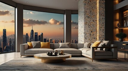 Modern style luxury interior with city view 3d render, There are terrazzo floor decorated wall with hidden light