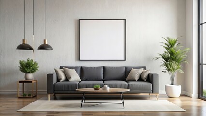 Empty black poster frame on modern sofa in contemporary living room, interior design, mockup, frame, decoration, home decor