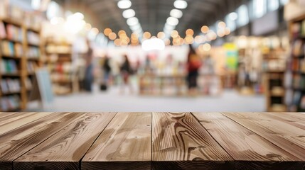 Wooden Table Top with Blurred Bookstore Background