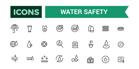 Water safety training icons set outline vector. Beach assistance. Outline icons pack. Editable vector line icon set and illustration for web and UI application.