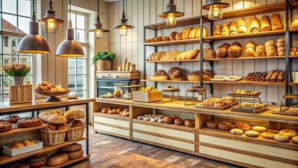 Cozy vintage bakery shop interior with display of delicious pastries and bread, cozy, vintage, bakery, shop, interior
