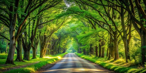 Tranquil forest road surrounded by vibrant green trees casting dappled shadows, serene, tranquil