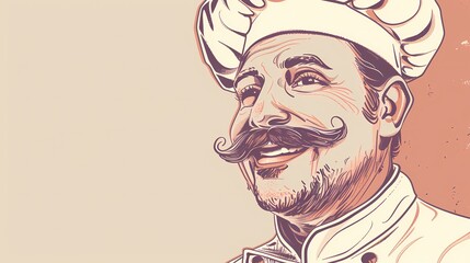 A cheerful chef in a white uniform and hat, smiling widely with a mustache, against a textured background.
