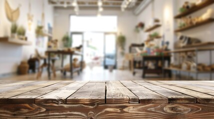 Rustic Wooden Tabletop in a Cozy Shop Interior