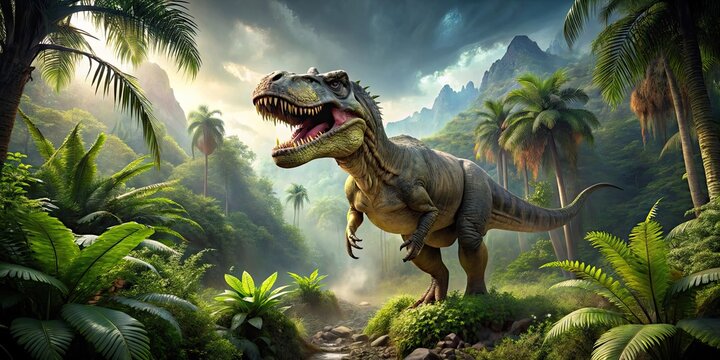 Panorama of a towering t-rex dinosaur in a lush prehistoric jungle, t-rex, dinosaur, prehistoric, jungle, panorama, wildlife