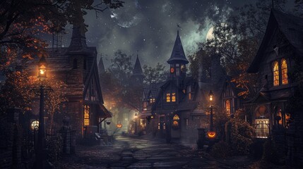 Obraz premium Folk gothic Halloween town at night, vintage charm and spooky ambiance, lanterns and shadows cast a haunting glow