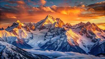 Obraz premium Sunrise casting warm light on snow-capped mountains, sunrise, mountains, nature, landscape, outdoor, scenic, beauty