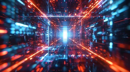 Obraz premium A futuristic tunnel of lights showcasing vibrant blue and red colors, representing technology and innovation in digital spaces.