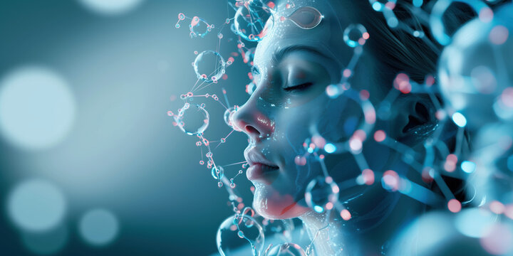 Elegant Model Presenting Collagen&rsquo;s Impact on Youthful Skin Elasticity and Wrinkle Reduction with Hologram on Clean Background