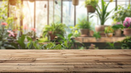 Wooden Table with Blurred Greenhouse Background