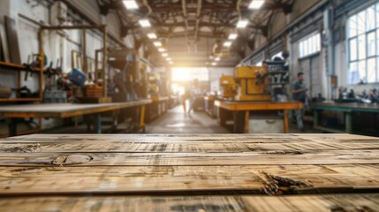 Obraz premium Rustic Wooden Table in Industrial Workshop