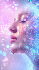 Fototapeta premium Woman with Youthful Skin Showcasing Collagen’s Elasticity and Wrinkle Reduction Benefits with Hologram on Soft Background