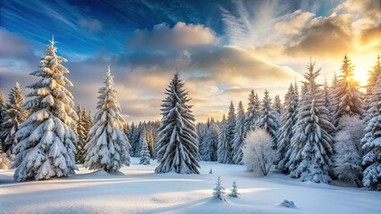 Naklejka premium Winter landscape with snow-covered trees in the forest, winter, landscape, snow, trees, forest, cold, snowy, tranquil, peaceful